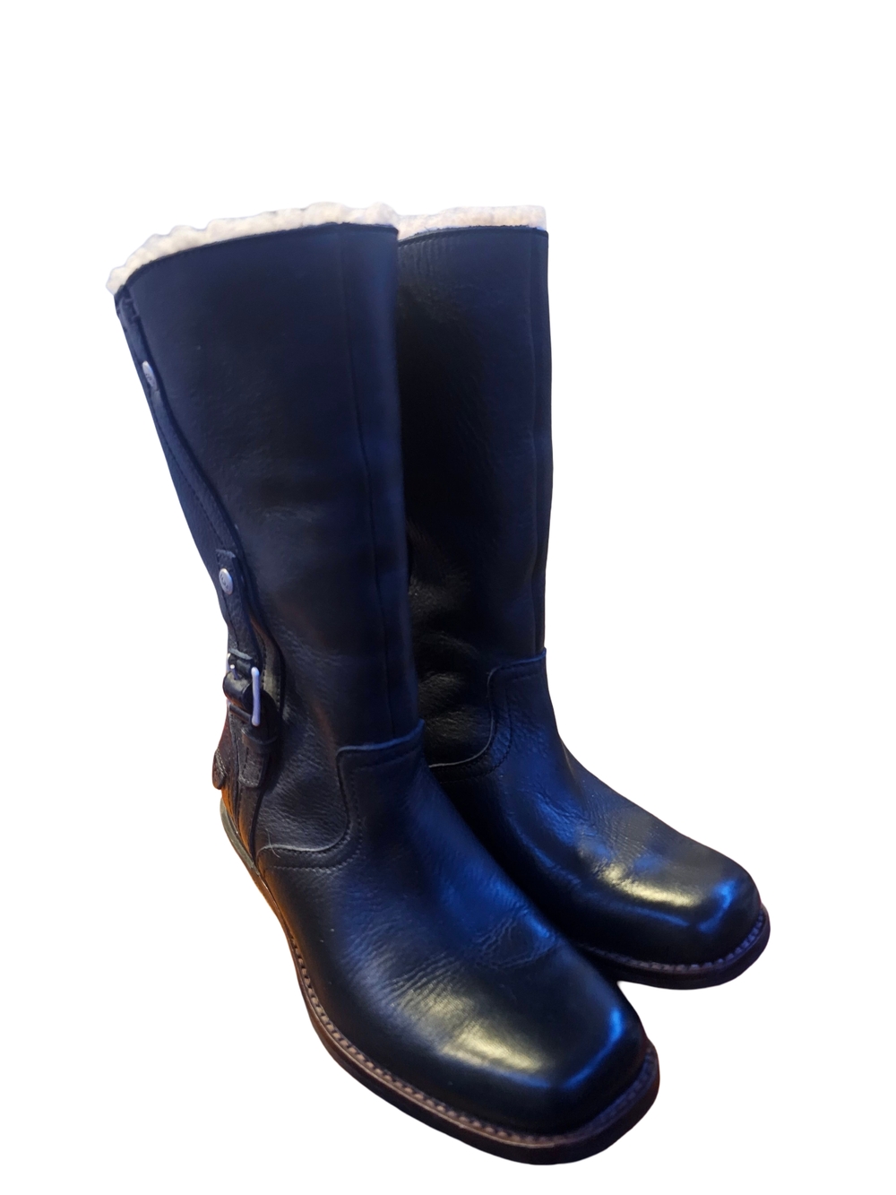 UGG Australia Black Leather Shearling Lined Riding Boots Womens Mid Calf Boots